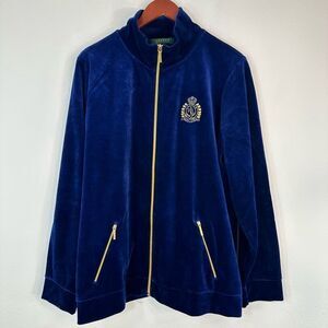 Vintage Lauren Ralph Lauren Royal Blue Velour Zip Jacket w Crest Logo Women's 3X